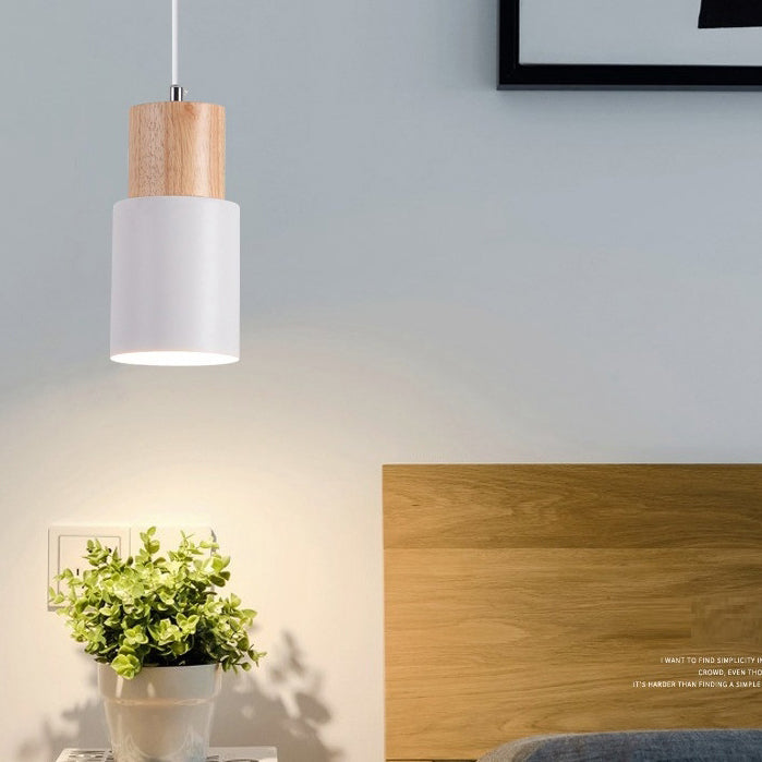 Modern Minimalist Round Cylinder Solid Wood Hardware 1-Light Pendant Light For Living Room