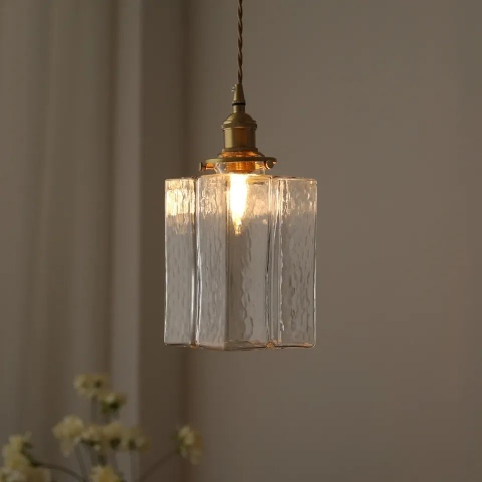 Traditional Vintage Rectangular Brass Glass 1-Light Pendant Light For Living Room