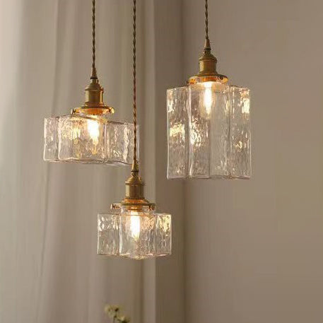 Traditional Vintage Rectangular Brass Glass 1-Light Pendant Light For Living Room