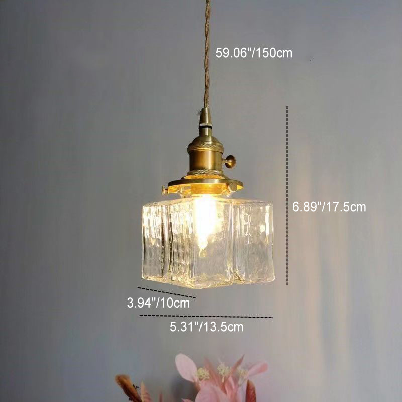 Traditional Vintage Rectangular Brass Glass 1-Light Pendant Light For Living Room