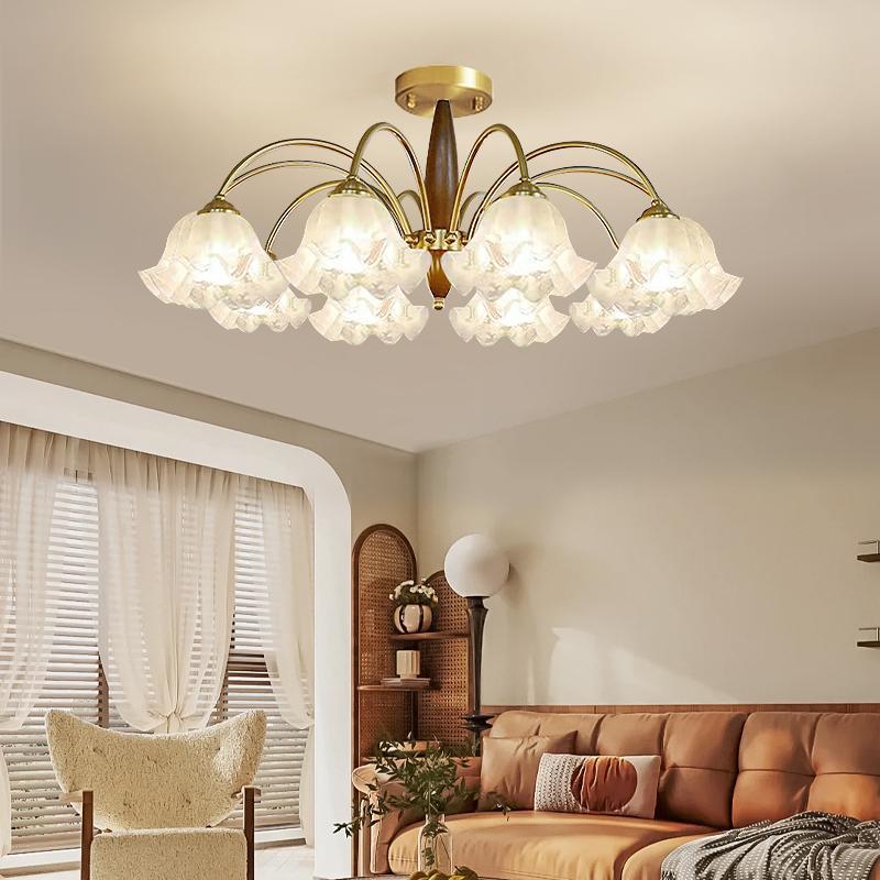 Traditional Vintage Branch Curved Rod Flower Wood Iron Frame Acrylic 3/6/8/10 Light Semi-Flush Mount Ceiling Light For Living Room