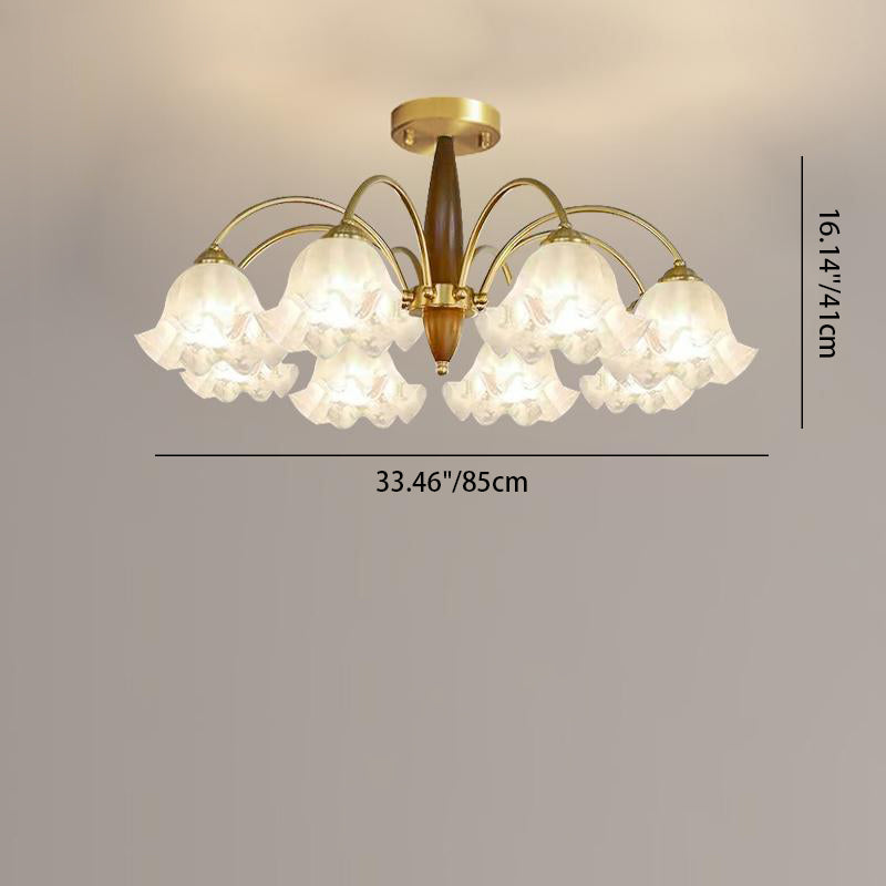 Traditional Vintage Branch Curved Rod Flower Wood Iron Frame Acrylic 3/6/8/10 Light Semi-Flush Mount Ceiling Light For Living Room