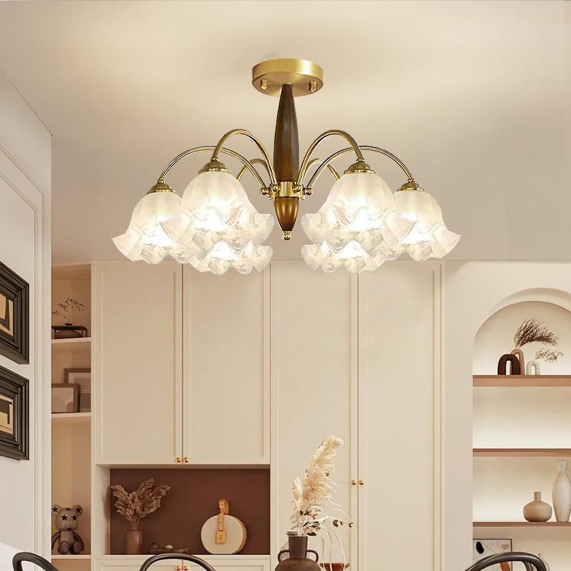 Traditional Vintage Branch Curved Rod Flower Wood Iron Frame Acrylic 3/6/8/10 Light Semi-Flush Mount Ceiling Light For Living Room