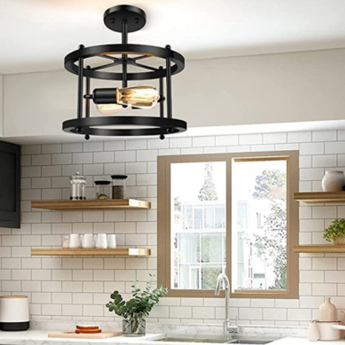 Traditional Vintage Round Hollowed Out Iron Frame 2-Light Semi-Flush Mount Ceiling Light For Living Room