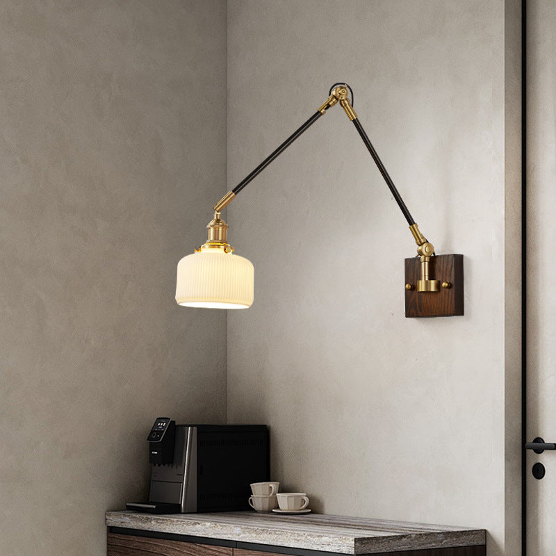 Traditional Vintage Retractable Pole Round Trapezoidal Iron Wood Glass 1-Light Wall Sconce Lamp For Bedroom