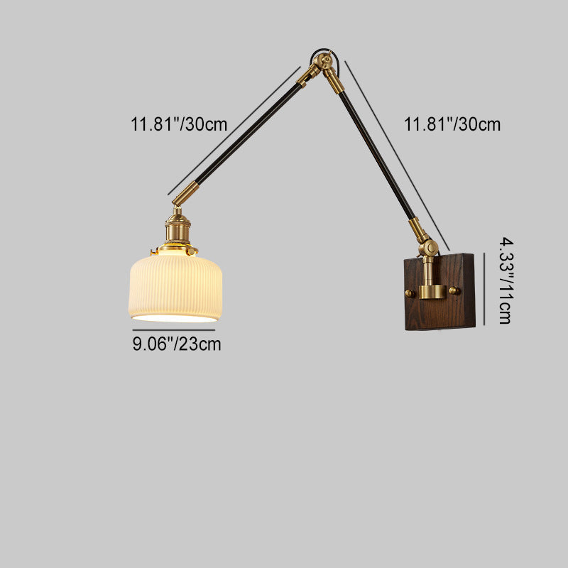 Traditional Vintage Retractable Pole Round Trapezoidal Iron Wood Glass 1-Light Wall Sconce Lamp For Bedroom