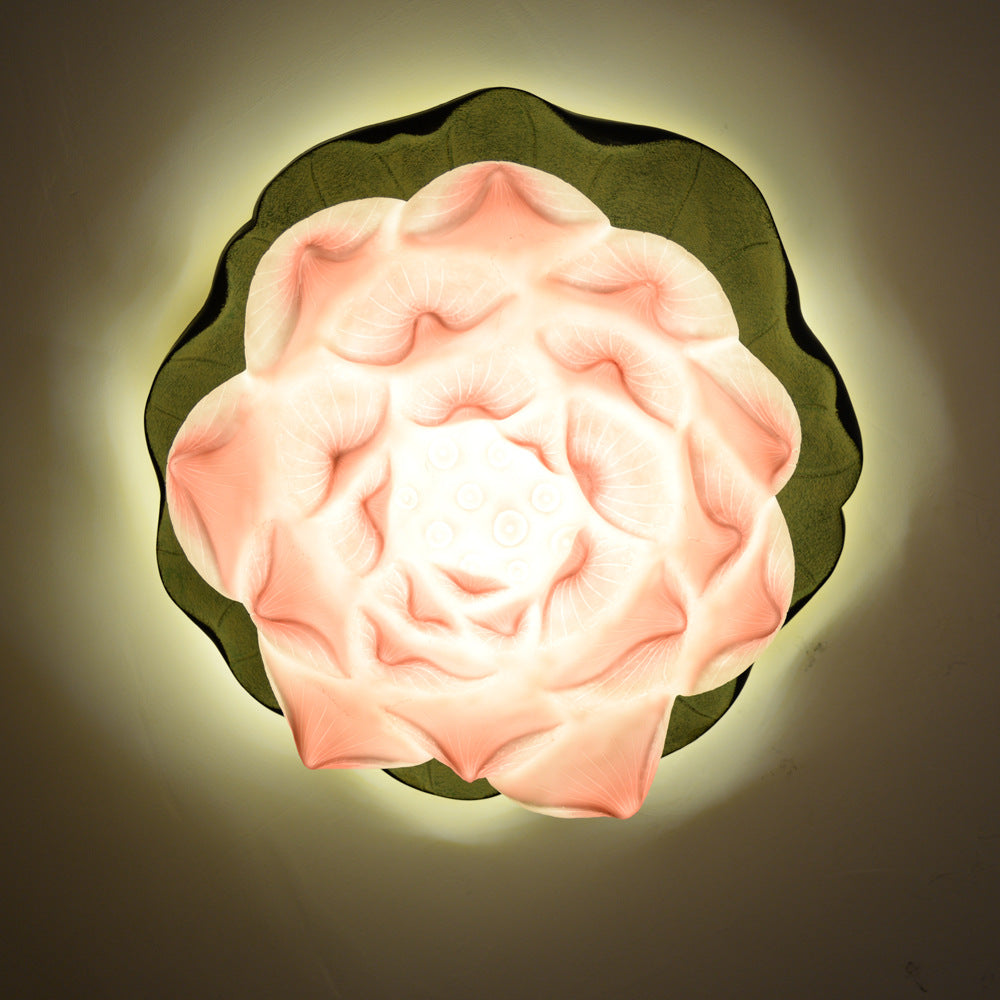 مصباح سقف صيني تقليدي من راتنج الحديد اللوتس، مزود بمصباح واحد، مثبت بشكل نصف مسطح، لغرفة المعيشة