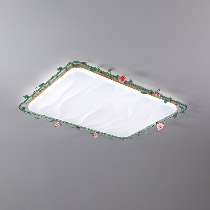 Contemporary Creative Square Rectangular Rose Vine Rubberwood Base Iron Acrylic Ceramic LED Flush Mount Ceiling Light For Living Room