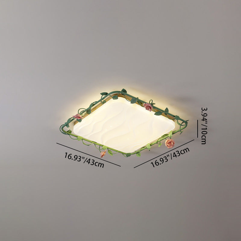 Contemporary Creative Square Rectangular Rose Vine Rubberwood Base Iron Acrylic Ceramic LED Flush Mount Ceiling Light For Living Room