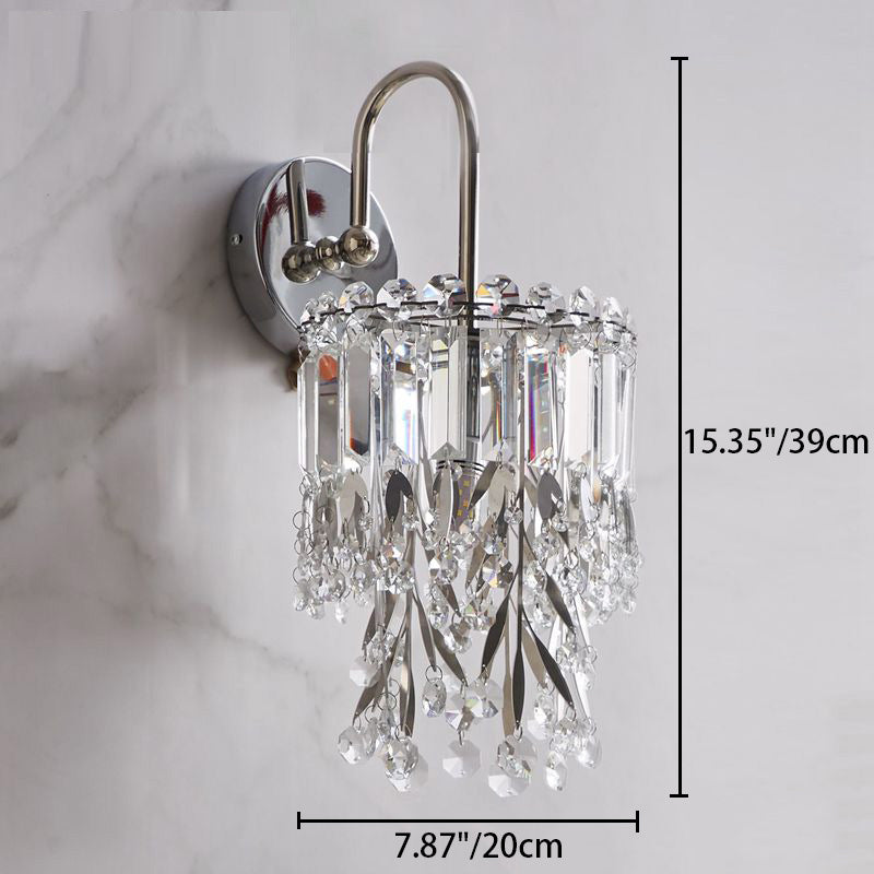 Modern Luxury Curved Pole Round Crystal Shade Stainless Steel Frame 1-Light Wall Sconce Lamp For Bedroom