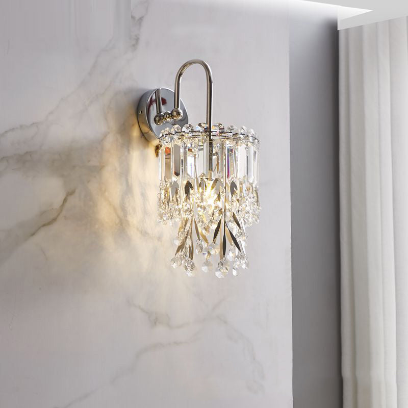 Modern Luxury Curved Pole Round Crystal Shade Stainless Steel Frame 1-Light Wall Sconce Lamp For Bedroom