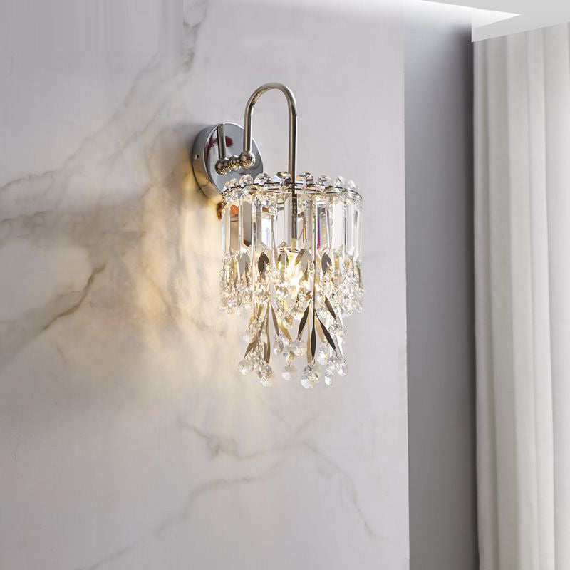Modern Luxury Curved Pole Round Crystal Shade Stainless Steel Frame 1-Light Wall Sconce Lamp For Bedroom