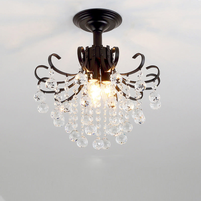Traditional European Round Curved Pole Carved Crystal Shade Iron Frame 3-Light Semi-Flush Mount Ceiling Light For Living Room