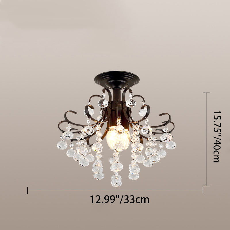 Traditional European Round Curved Pole Carved Crystal Shade Iron Frame 3-Light Semi-Flush Mount Ceiling Light For Living Room