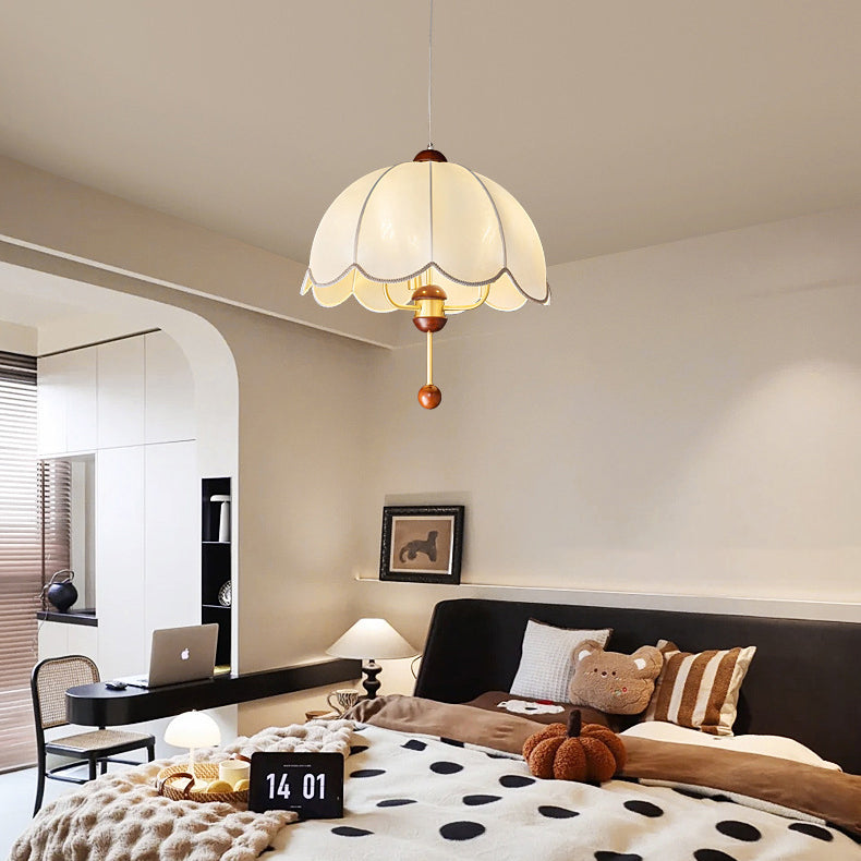 Traditional Vintage Round Dome Floral Print Full Copper Fabric Shade 3-Light Pendant Light For Living Room