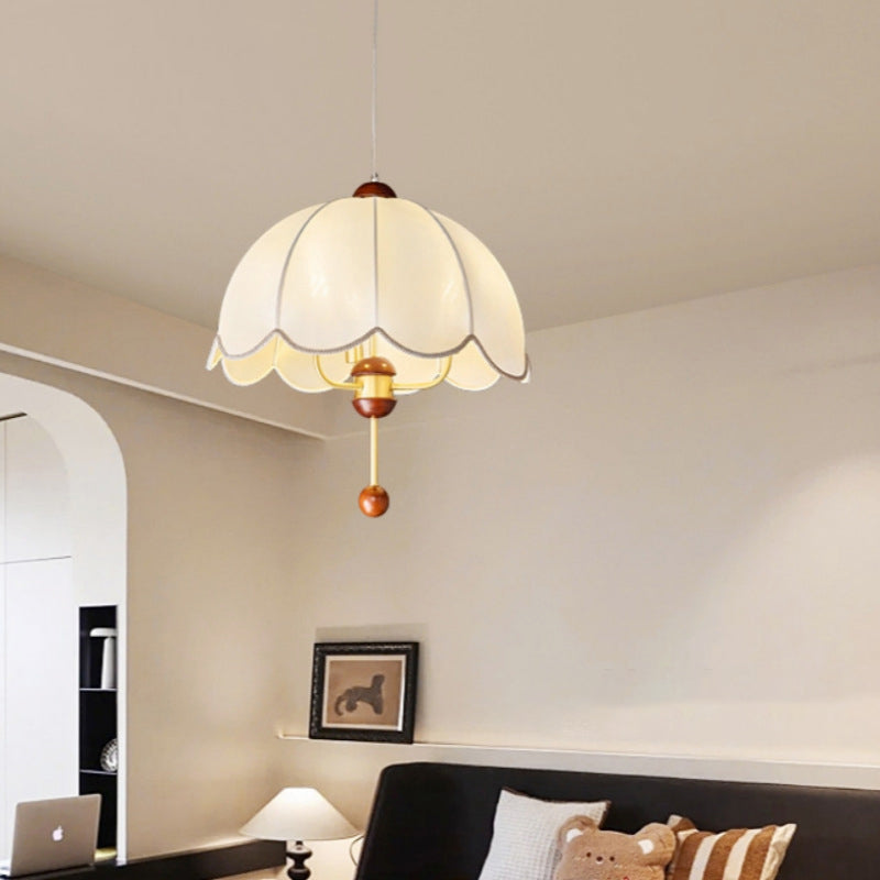 Traditional Vintage Round Dome Floral Print Full Copper Fabric Shade 3-Light Pendant Light For Living Room