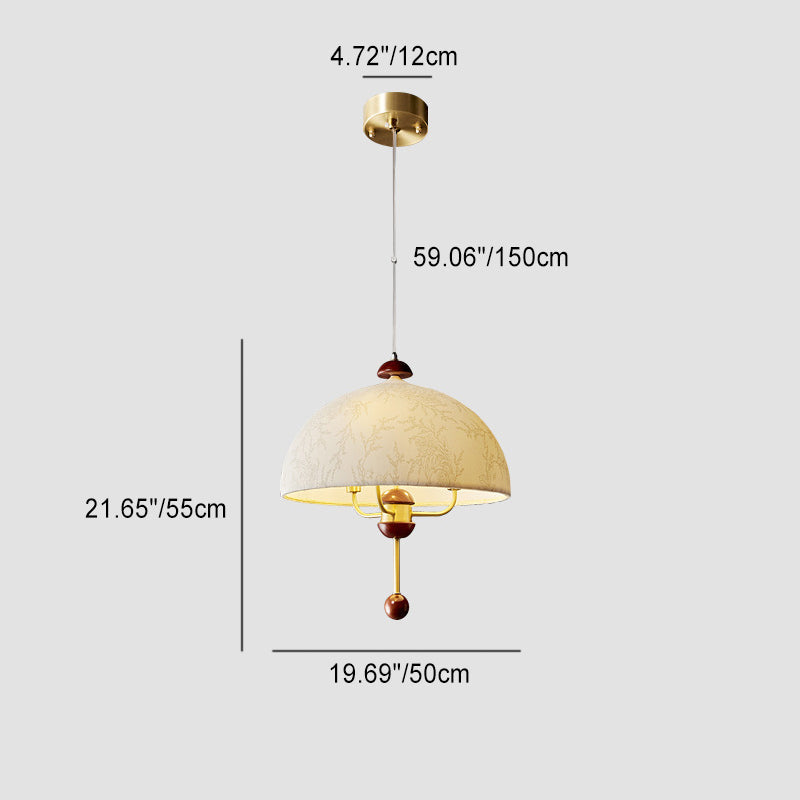 Traditional Vintage Round Dome Floral Print Full Copper Fabric Shade 3-Light Pendant Light For Living Room