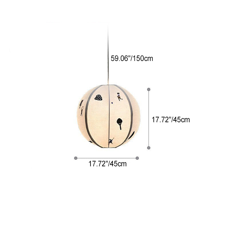 Traditional Vintage Globe Kids Embroidered Cotton Linen Shade Iron Frame 1-Light Pendant Light For Bedroom
