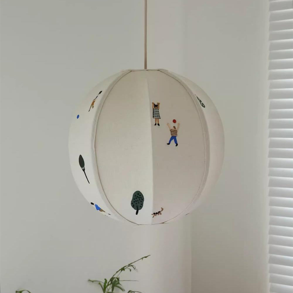 Traditional Vintage Globe Kids Embroidered Cotton Linen Shade Iron Frame 1-Light Pendant Light For Bedroom