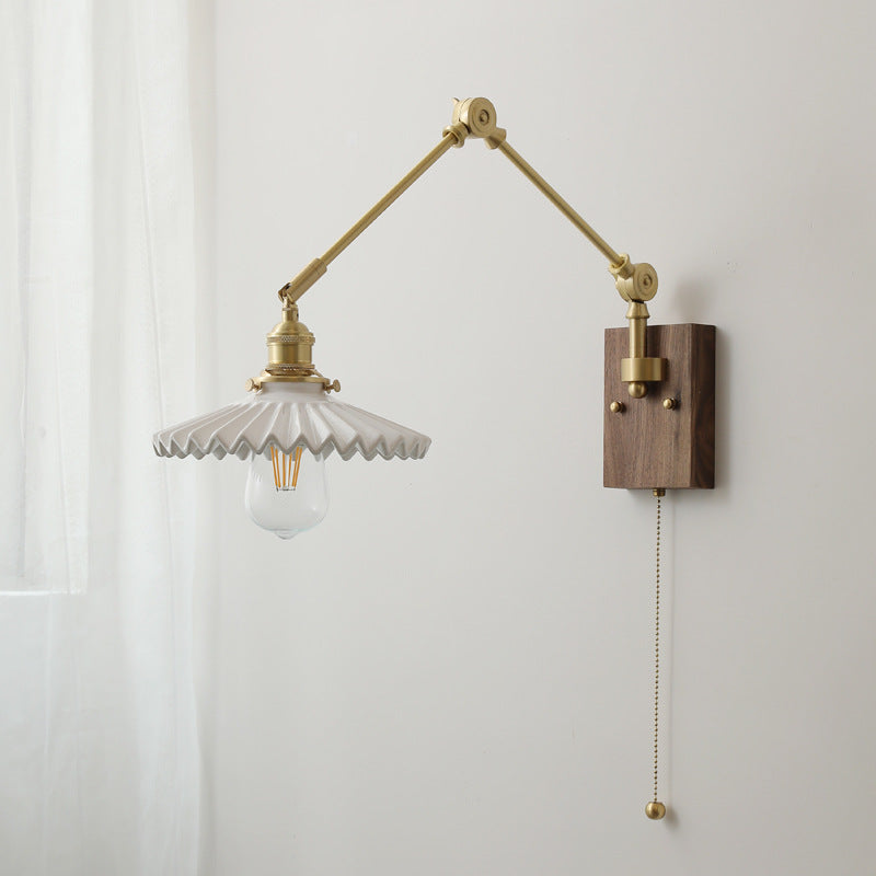 Traditional Vintage Swing Arm Long Pole Round Pleated Ceramic Shade Wood Brass 1-Light Wall Sconce Lamp For Living Room
