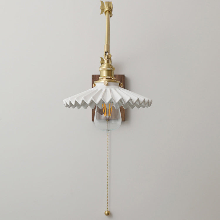 Traditional Vintage Swing Arm Long Pole Round Pleated Ceramic Shade Wood Brass 1-Light Wall Sconce Lamp For Living Room