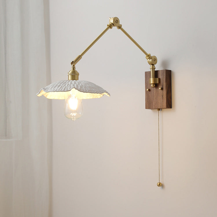 Traditional Vintage Swing Arm Long Pole Round Pleated Ceramic Shade Wood Brass 1-Light Wall Sconce Lamp For Living Room