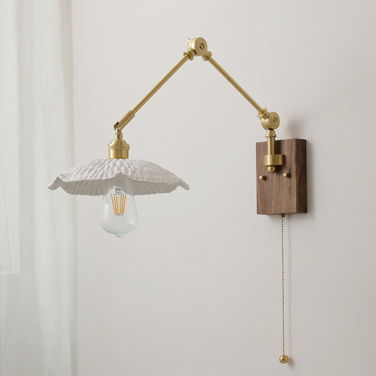 Traditional Vintage Swing Arm Long Pole Round Pleated Ceramic Shade Wood Brass 1-Light Wall Sconce Lamp For Living Room