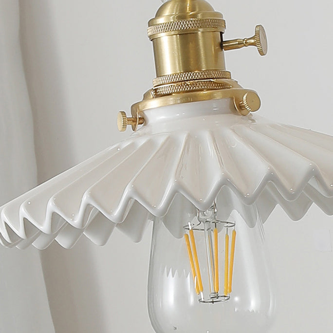 Traditional Vintage Swing Arm Long Pole Round Pleated Ceramic Shade Wood Brass 1-Light Wall Sconce Lamp For Living Room