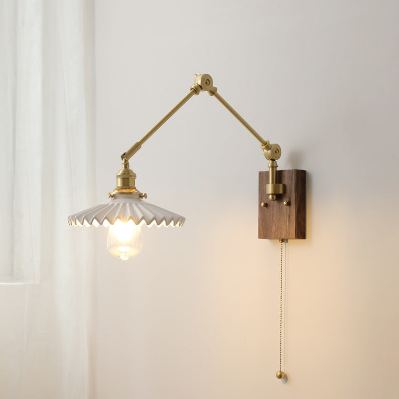 Traditional Vintage Swing Arm Long Pole Round Pleated Ceramic Shade Wood Brass 1-Light Wall Sconce Lamp For Living Room