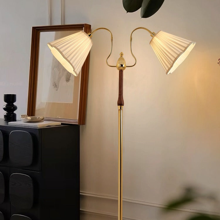 Traditional Vintage Cylinder Lace Pleated Fabric Shade Iron Wood Frame 2-Light Standing Floor Lamp For Living Room