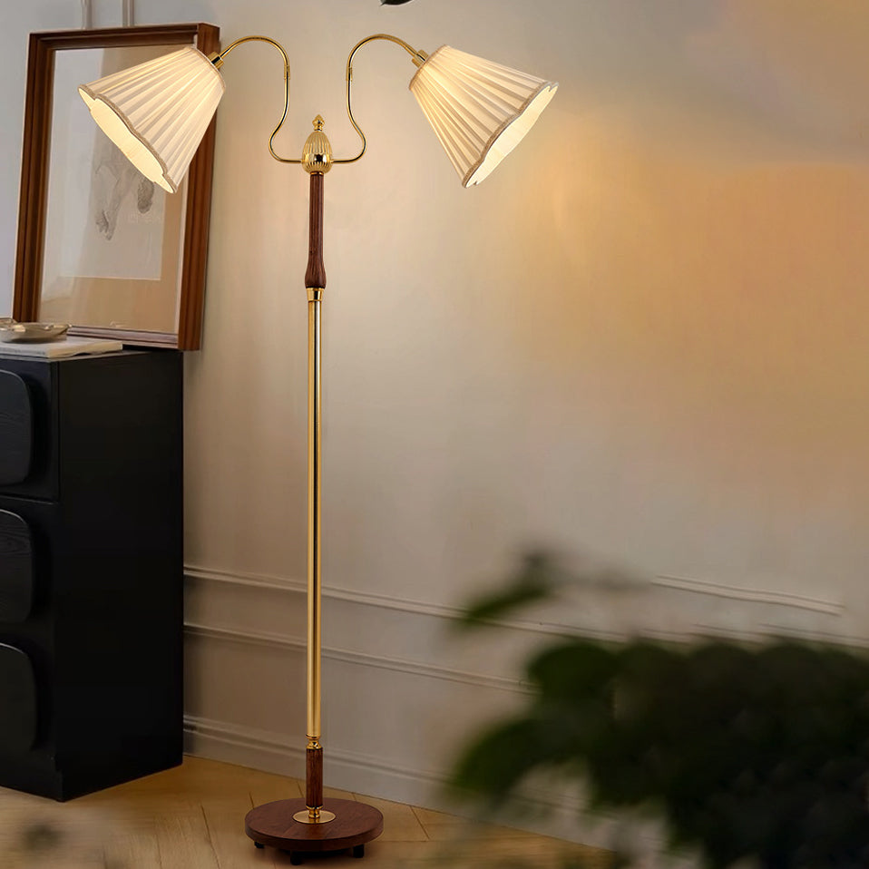 Traditional Vintage Cylinder Lace Pleated Fabric Shade Iron Wood Frame 2-Light Standing Floor Lamp For Living Room