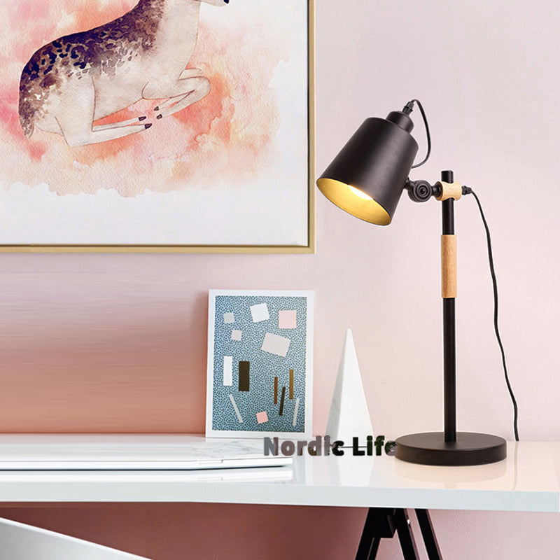 Modern Minimalist Long Pole Cylinder Wood Iron 1-Light Table Lamp For Bedroom