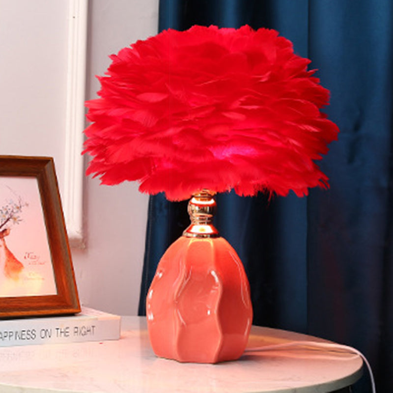 Contemporary Nordic Round Ripple Ceramic Base Iron Feather Shade 1-Light Table Lamp For Bedroom