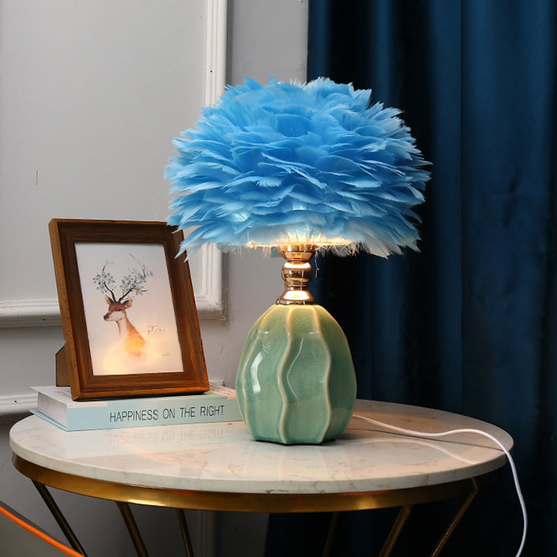 Contemporary Nordic Round Ripple Ceramic Base Iron Feather Shade 1-Light Table Lamp For Bedroom