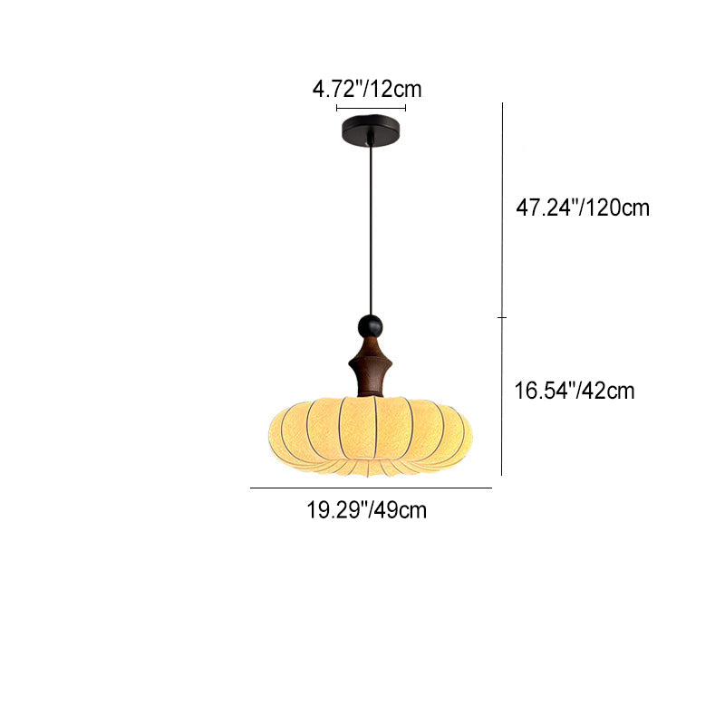 Traditional French Circle Iron Wood Frame Silk Shade 1-Light Pendant Light For Living Room