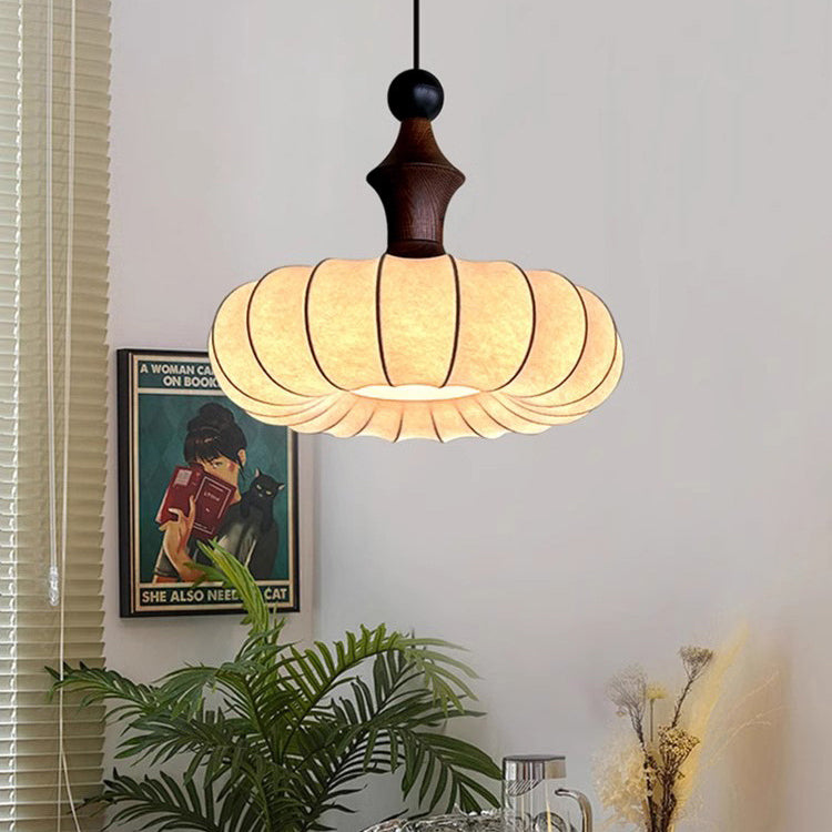 Traditional French Circle Iron Wood Frame Silk Shade 1-Light Pendant Light For Living Room