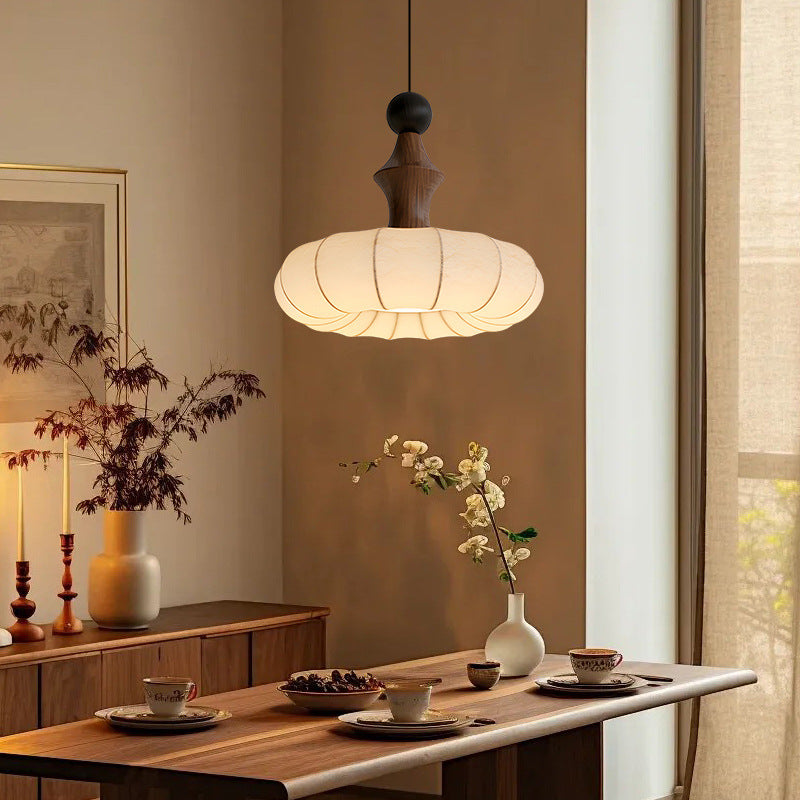 Traditional French Circle Iron Wood Frame Silk Shade 1-Light Pendant Light For Living Room