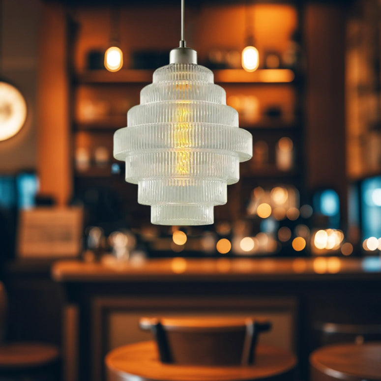 Contemporary French Multi Tier Circle Cylinder Glass Shade Iron 1-Light Pendant Light For Living Room