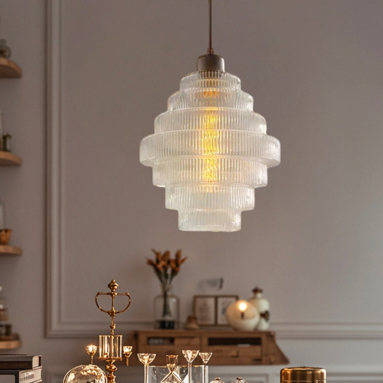 Contemporary French Multi Tier Circle Cylinder Glass Shade Iron 1-Light Pendant Light For Living Room