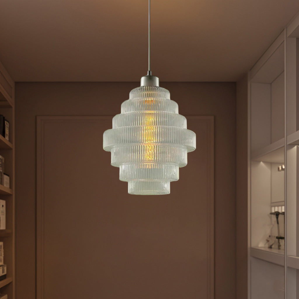 Contemporary French Multi Tier Circle Cylinder Glass Shade Iron 1-Light Pendant Light For Living Room