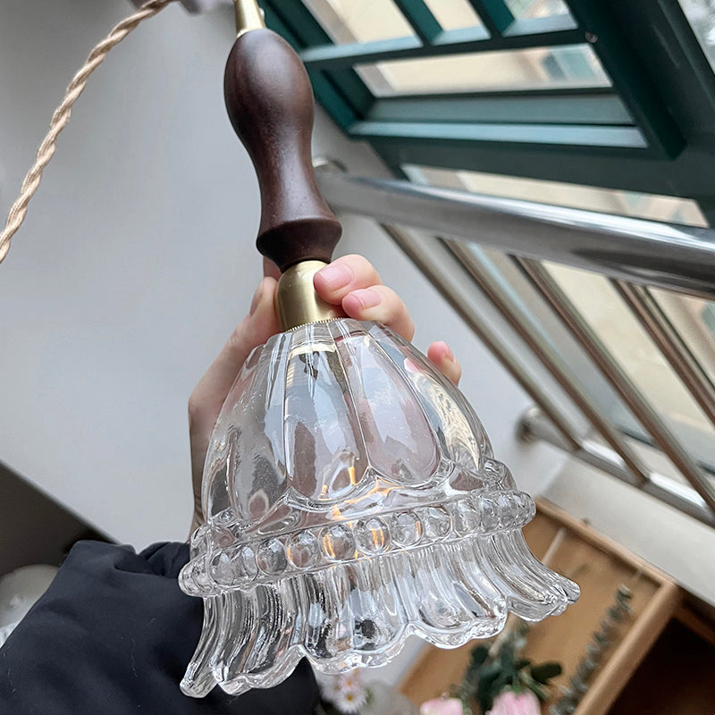 Traditional Vintage Round Flower Shape Glass Shade Wooden Iron 1-Light Pendant Light For Living Room
