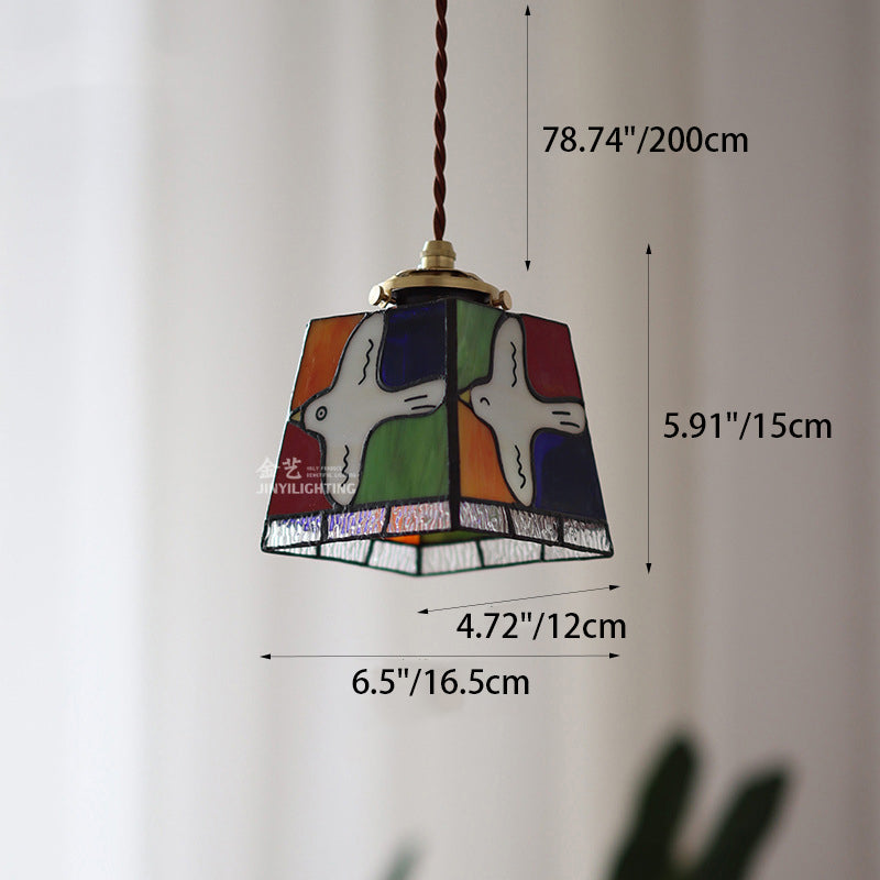 Traditional Vintage Square Peace Dove Copper Glass 1-Light Pendant Light For Living Room