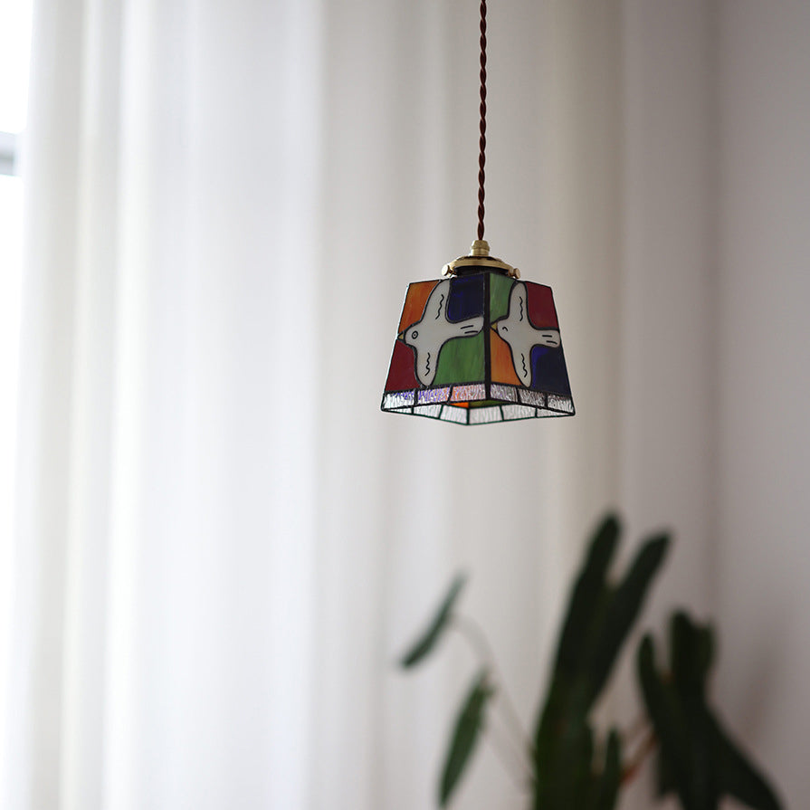 Traditional Vintage Square Peace Dove Copper Glass 1-Light Pendant Light For Living Room