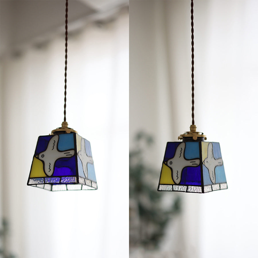 Traditional Vintage Square Peace Dove Copper Glass 1-Light Pendant Light For Living Room
