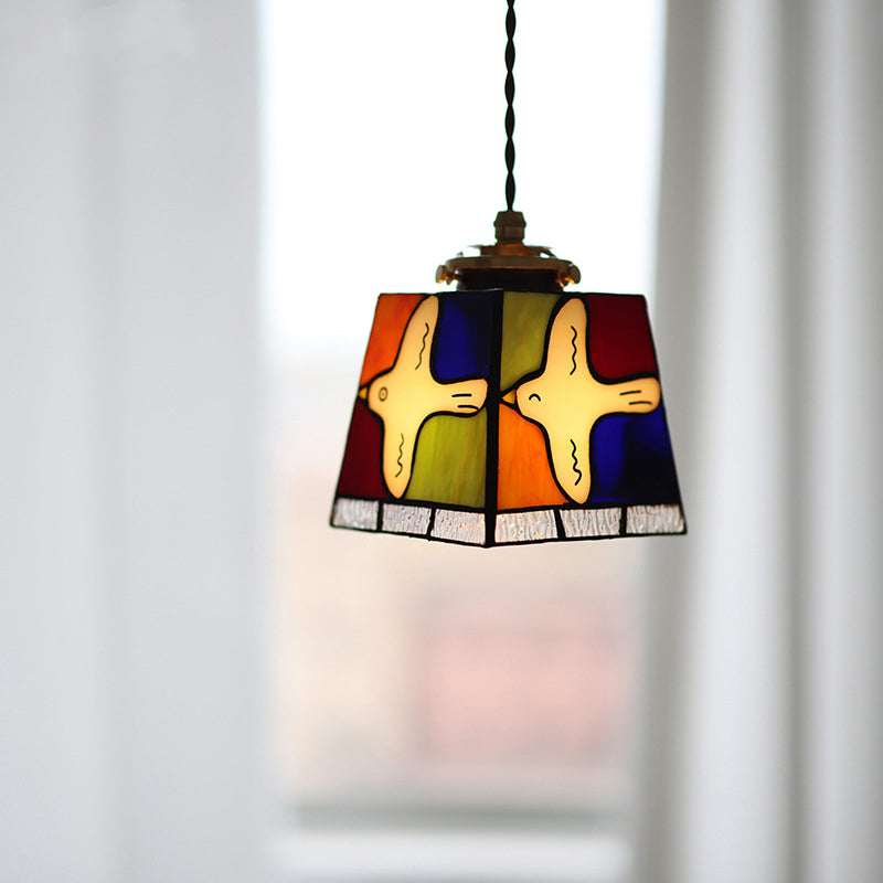 Traditional Vintage Square Peace Dove Copper Glass 1-Light Pendant Light For Living Room