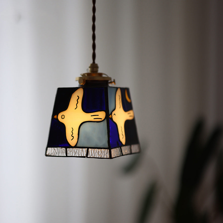 Traditional Vintage Square Peace Dove Copper Glass 1-Light Pendant Light For Living Room