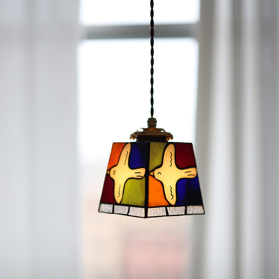 Traditional Vintage Square Peace Dove Copper Glass 1-Light Pendant Light For Living Room