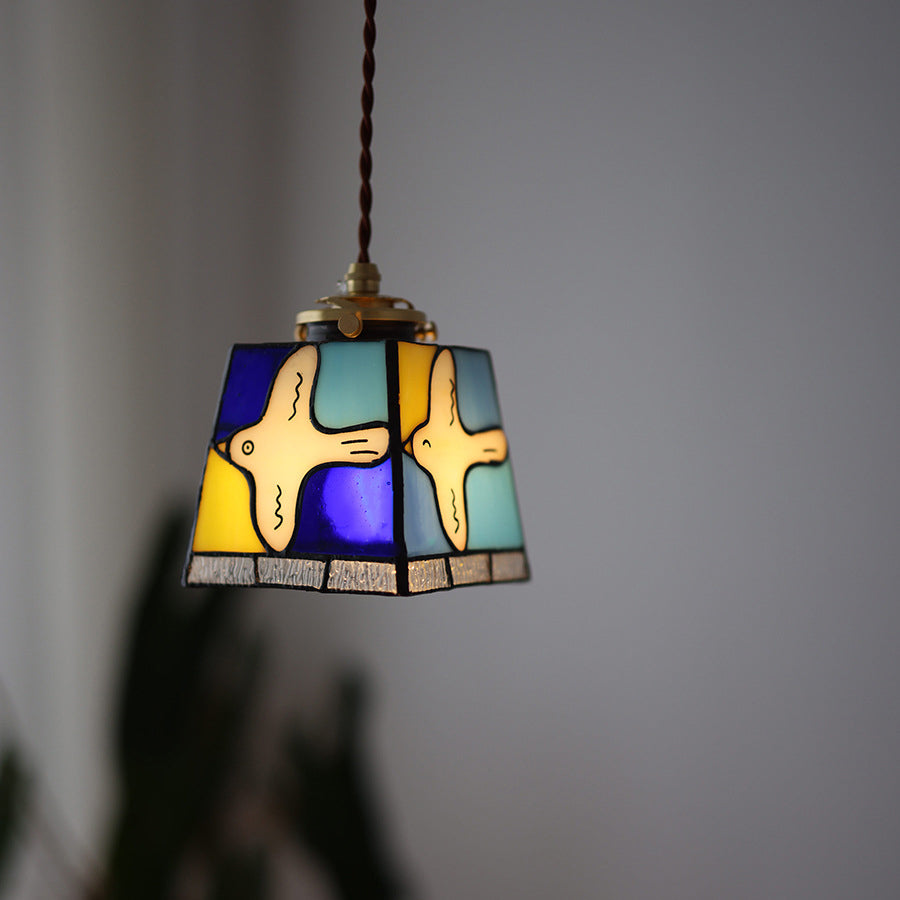 Traditional Vintage Square Peace Dove Copper Glass 1-Light Pendant Light For Living Room