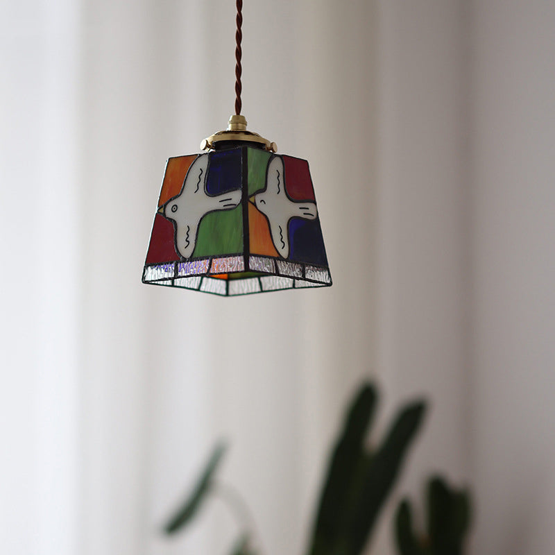 Traditional Vintage Square Peace Dove Copper Glass 1-Light Pendant Light For Living Room