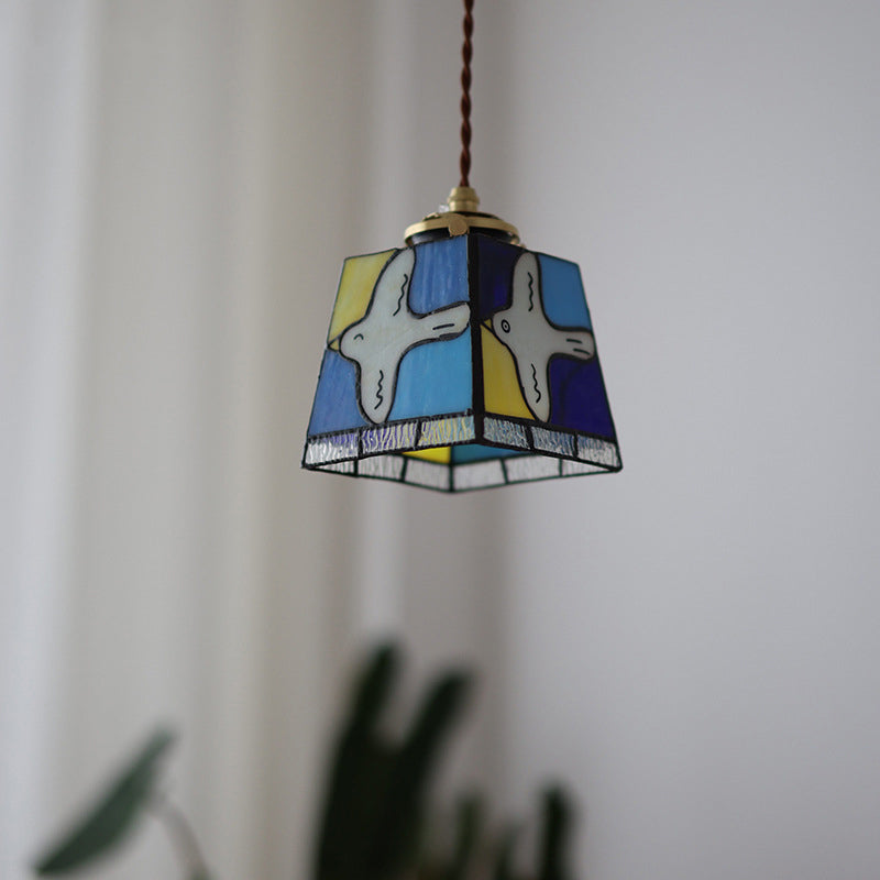 Traditional Vintage Square Peace Dove Copper Glass 1-Light Pendant Light For Living Room